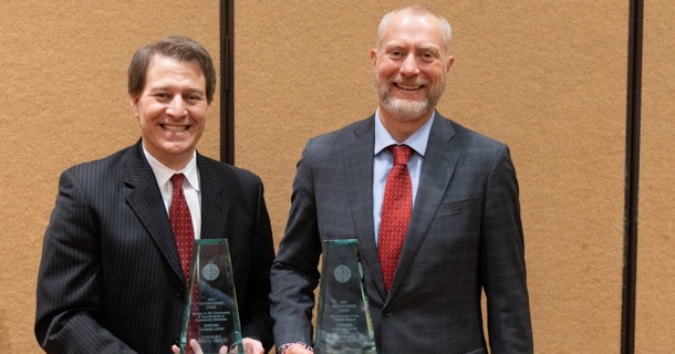 Judge Alfred Corey, Grand Island, with his award for Improvement of Community Relations and Judge Derek Weimer, Sidney, with his award for the Improvement of the Judicial System following presentation by Chief Justice Mike Heavican, October 2024 ceremony.